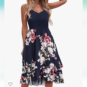IHOT Spaghetti Strap V Neck Floral Sundress with Pockets In Blue Floral Size L